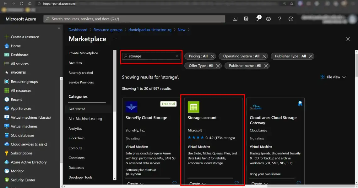 Search for Azure Storage