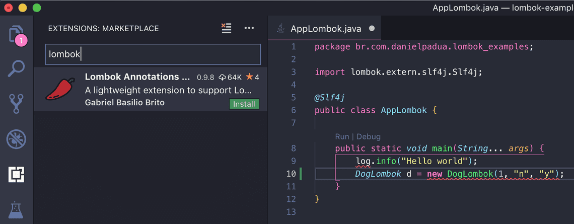 Searching for lombok plugin in vscode